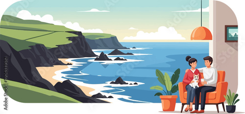 Couple and dog relax in armchair with ocean view