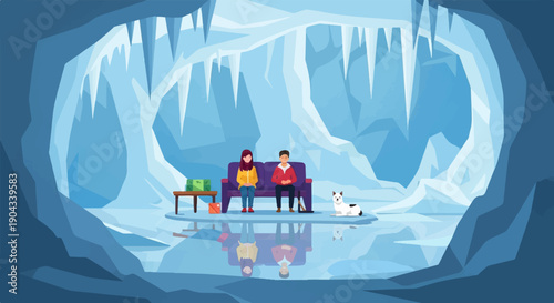 Couple and dog relax in a surreal ice cave with a frozen pond