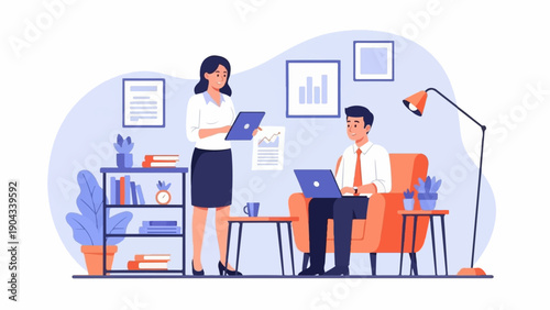 Colleagues collaborate in a modern office space with laptops and plants