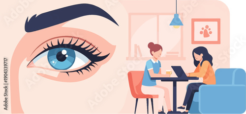 Close-up eye meets two women working on laptops in a cozy cafe