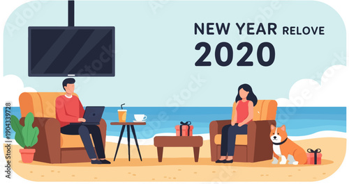 Couple and dog relax on beach with laptop, TV, and gifts for 2020