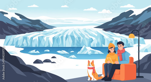 Couple and dog relax on couch with tablet, vast icy landscape behind them