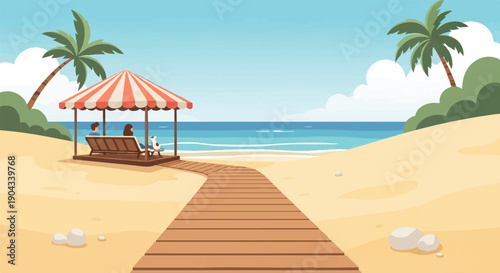 Couple and dog relax under canopy on beach boardwalk overlooking ocean