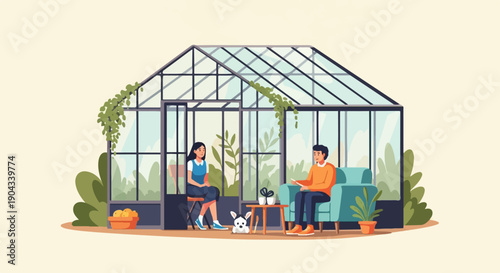 Couple and dog relaxing in a bright greenhouse with plants