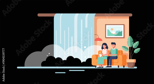 Couple and dog relaxing by an indoor waterfall with artwork and plant