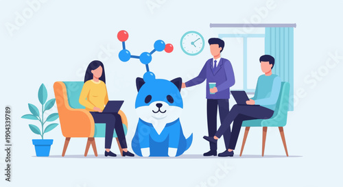 Colleagues gather around a mascot with a molecular structure overhead