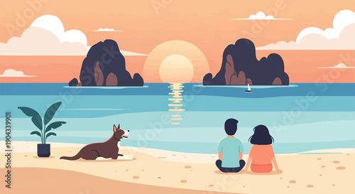 Couple and dog watch sunset on beach with sailboat and tropical islands