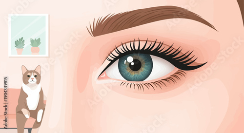 Close-up of a person's eye with a cat sitting on a couch nearby