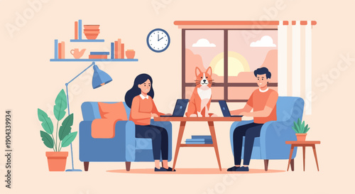 Couple and dog work on laptops by a sunny window, cozy room