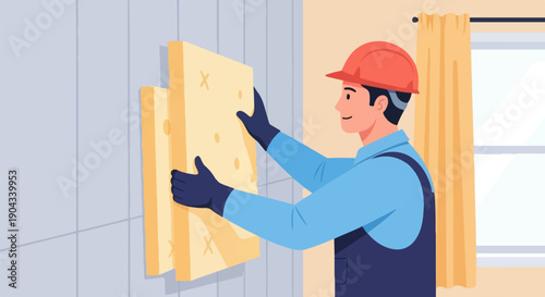 Construction worker installs insulation panels on a wall