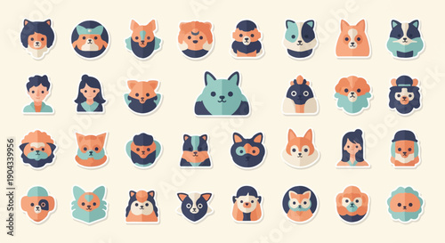 Collection of diverse cartoon animal and human portraits in a stylized pixel art