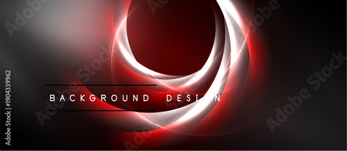 Abstract design features swirling red, white light against black backdrop. Text reads background design. Modern, dynamic visual presentation.