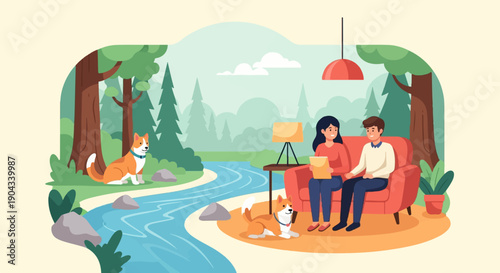 Couple and dogs relax indoors with serene forest and river view