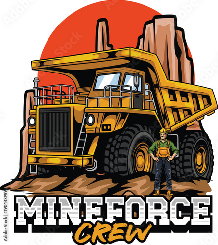 Retro detailed illustration of a heavy mining dump truck with a sunset canyon background for mining industry mascot