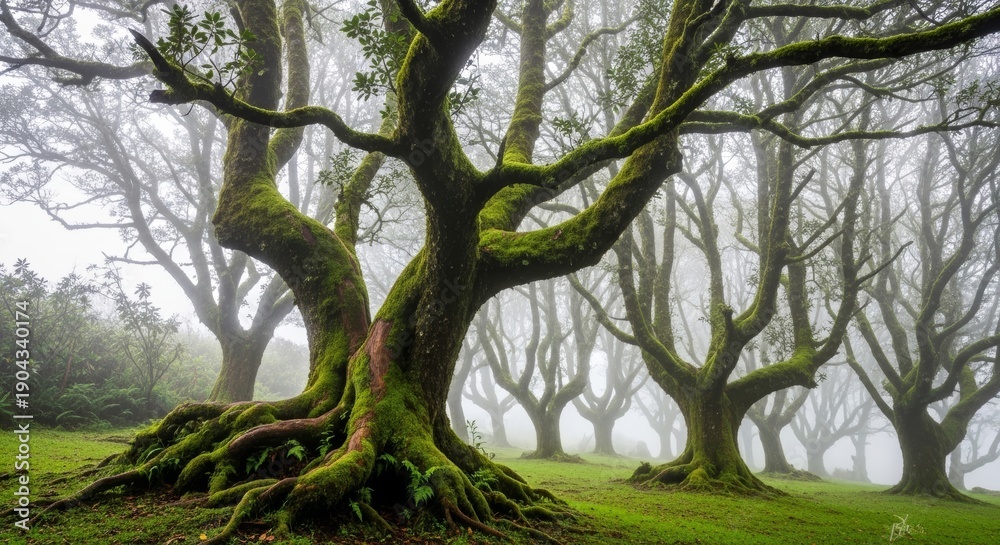 Naklejka premium Old growth forest with gnarled moss covered tree trunks in thick white mist