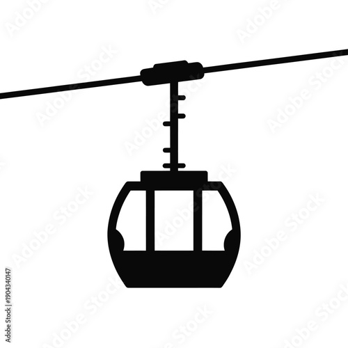A simple black silhouette of a cable car suspended from a wire