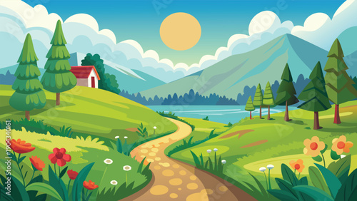 Whimsical countryside path leading to a radiant sunset over rolling hills and mountains Vector