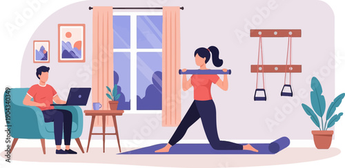 Couple at home man on laptop, woman exercising with a roller