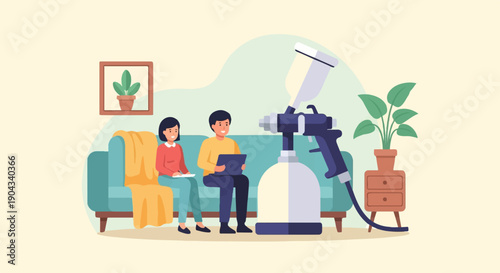 Couple at home with a large spray gun and plants