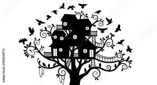 Fantasy Treehouse Silhouette with Birds Flying Around