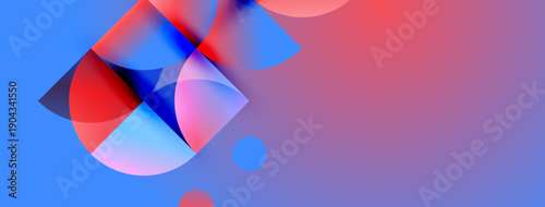 Abstract shapes overlap, creating vibrant color gradients. Blue, red, pink hues dominate composition. Modern design elements present dynamic visual experience.