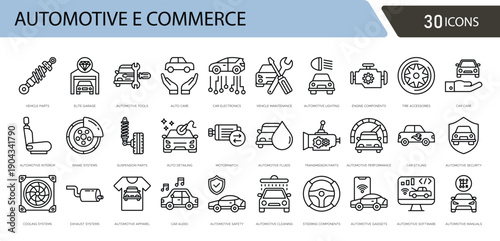 Automotive e-commerce icon set illustrating online car sales, vehicle parts shopping, digital showroom, payment, delivery, comparison and customer support in clean outline vector style.