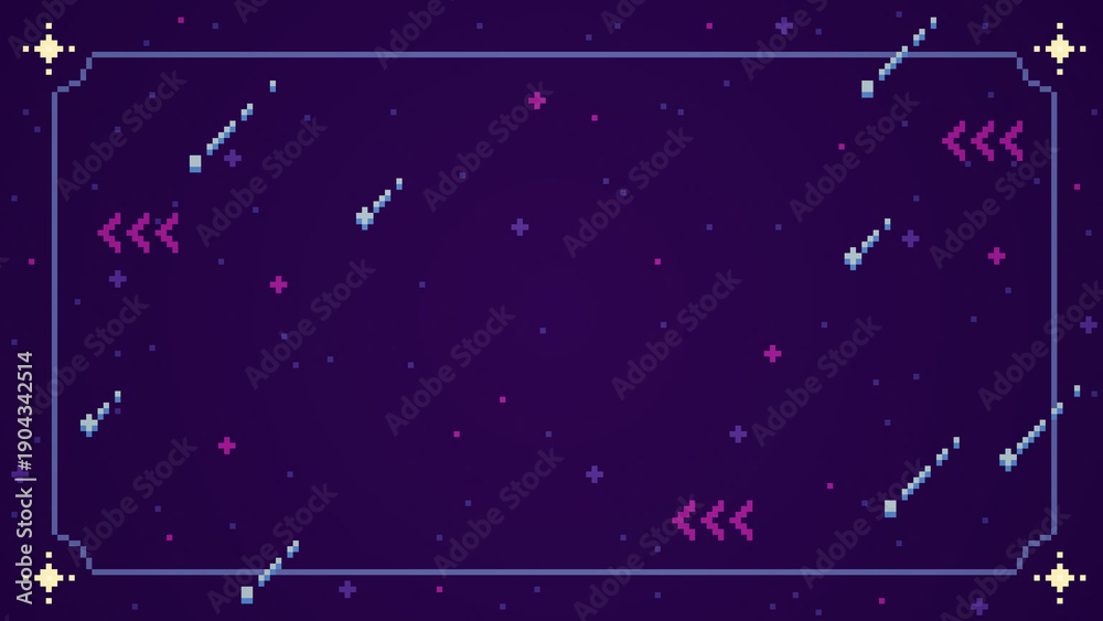 Fototapeta premium ドット絵 宇宙風のおしゃれでかわいい配信画面 シンプルな背景装飾イラスト フレーム 16:9 ピクセル
