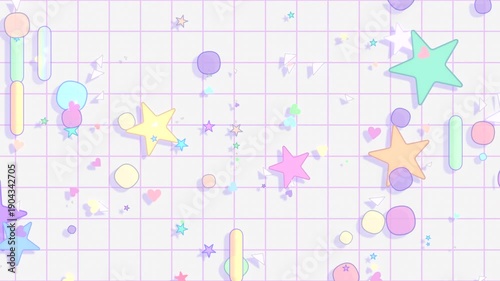 Colorful stars, circles, rounded lines, and stars flying up against white grid background animation. (loop)