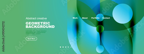 Abstract geometric background design. Green, blue gradients create modern visual appeal. Text elements present portfolio information.
