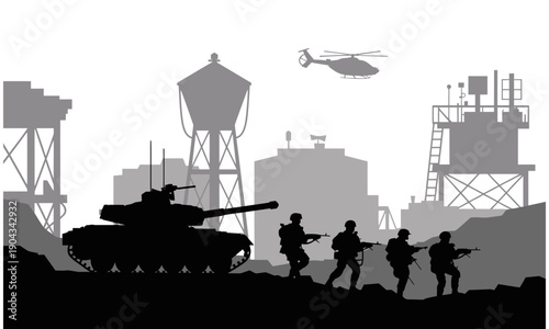 Silhouette of soldiers with tank and helicopter in industrial cityscape with buildings and water tower  military operation scene