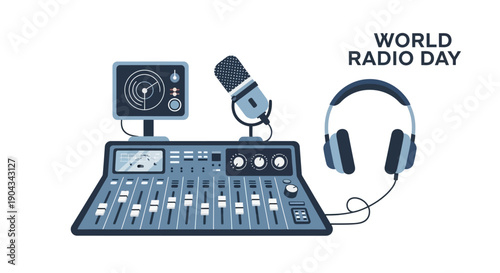 Illustration of a mixer board with a microphone, headphones, and speaker celebrating World Radio Day with a vector design for business and broadcast use.