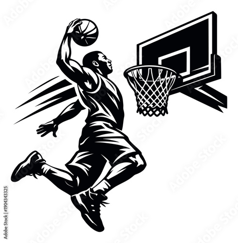 Dynamic graphic illustration of a basketball player depicting a slam dunk for sports branding