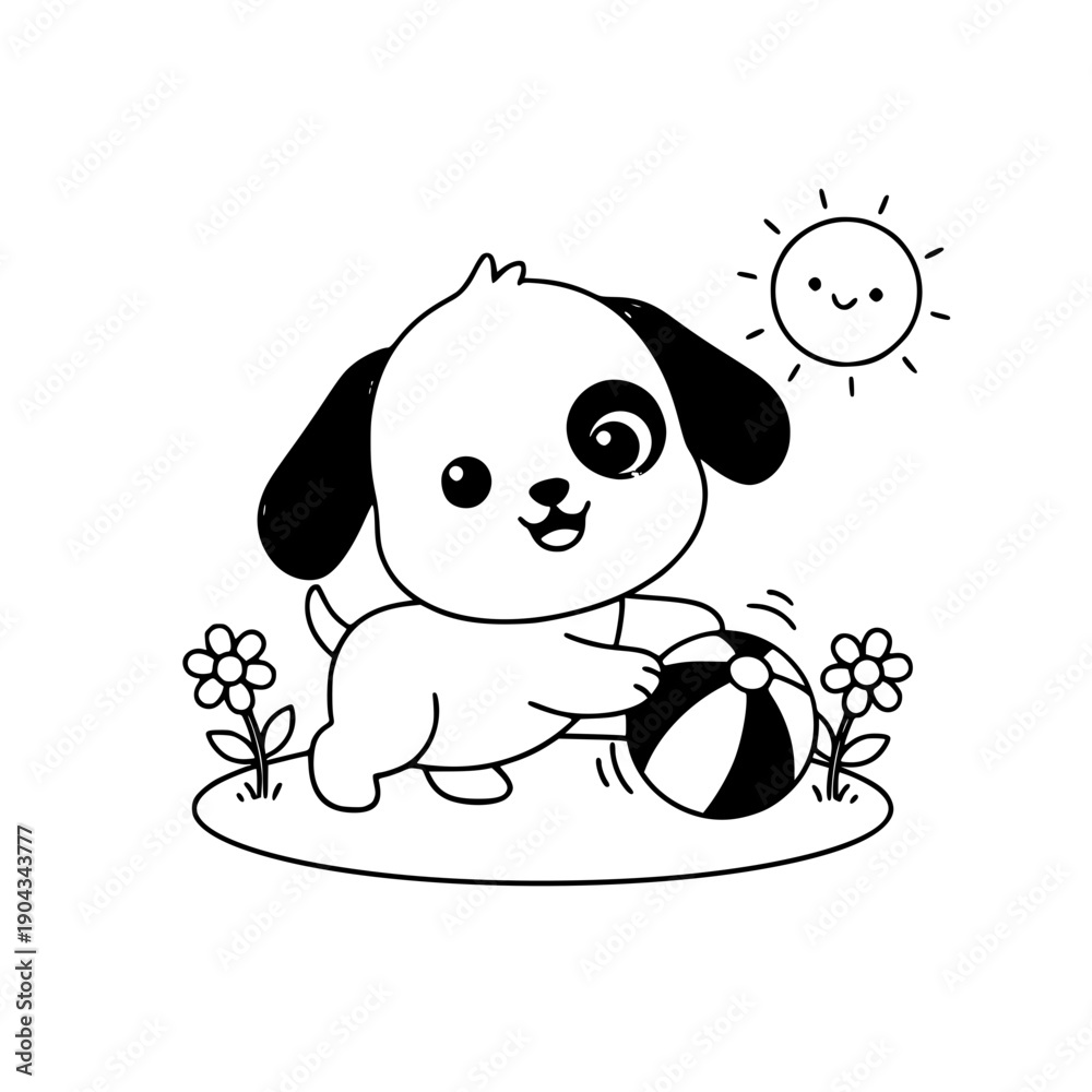 Naklejka premium Cute puppy playing with beach ball on sunny day with flowers