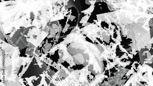 Glitch distorted grungy overlay grange texture. Textured and glitched technology background. Screen print effect .Vector overlay background with a halftone dots screen print texture.
