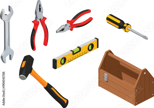 Hand tools illustration set including wrench pliers screwdriver hammer spirit level and wooden toolbox isolated on white background for repair construction and DIY concepts