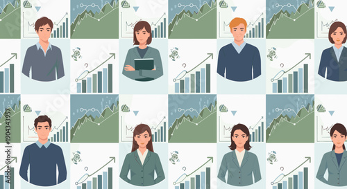 A confident businessman stands before data charts, symbolizing success and growth in a professional setting.