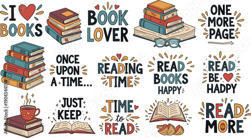 Colorful book illustrations with motivational reading quotes, coffee cup, glasses, hearts, sparkles, open pages, cozy atmosphere, literacy celebration joy