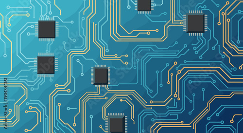 A modern circuit board design evokes innovation and connectivity, perfect for technology-focused content.