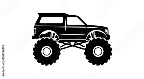 Black silhouette of a monster truck with oversized tires and raised suspension
