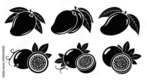 Mango and Passion Fruit Silhouettes - Tropical Fruits Set