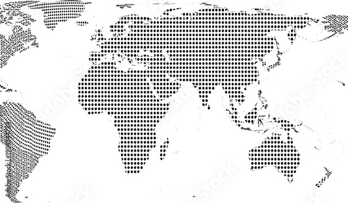 Stylized halftone dotted world map showing continents in minimalist black-and-white abstract geographic design