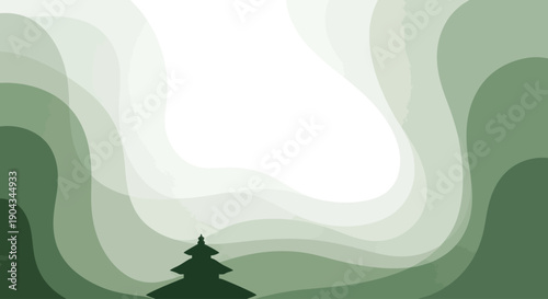 Illustration of a temple silhouette on hari suci nyepi, a day of silence in tahun baru saka, with abstract green waves in the background, conveying a peaceful and serene mood.