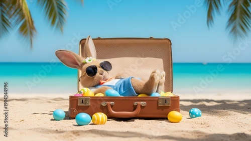 Easter Bunny Relaxing in Suitcase on Tropical Beach with Colorful Eggs