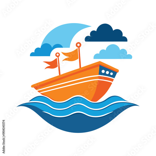 A charming orange boat with flags sails smoothly on blue waves under fluffy clouds.
