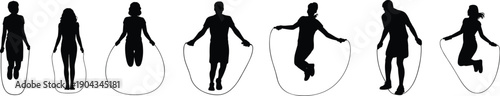 Jump rope silhouettes collection with men and women skipping in different poses, cardio fitness workout training activity, black athlete figures isolated on white background.