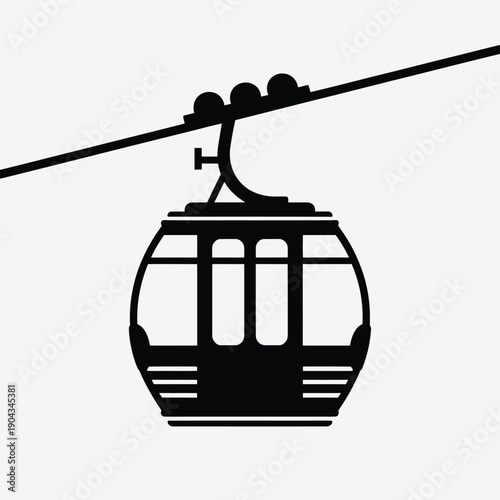 A simple black silhouette of a cable car hanging from a wire