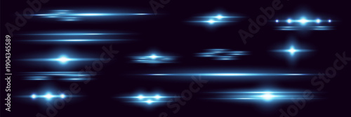 Blue horizontal lens flares pack. Laser beams, horizontal light flares. Glowing streaks on dark background. Luminous abstract sparkling lined background.