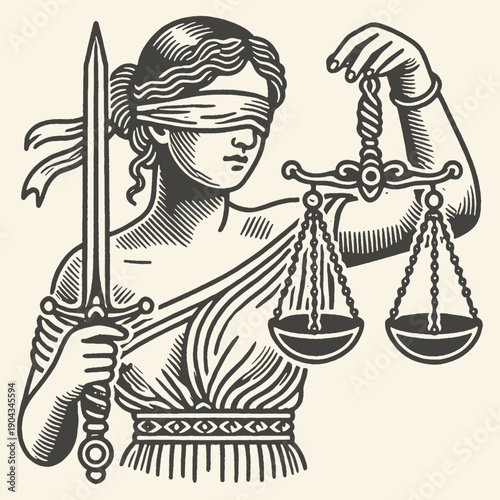 Retro black and white illustration of Lady Justice holding scales and sword, symbolizing law, fairness, and judgment with a blindfold.