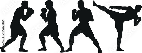 Set of martial arts and boxing fighter silhouettes with punching stance and high kick action pose, combat sport athletes isolated on white background illustration.