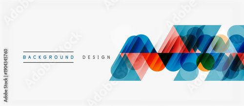 Abstract geometric shapes overlap, creating vibrant color bands. Minimalist design with text elements background, design. Clean white space dominates image.